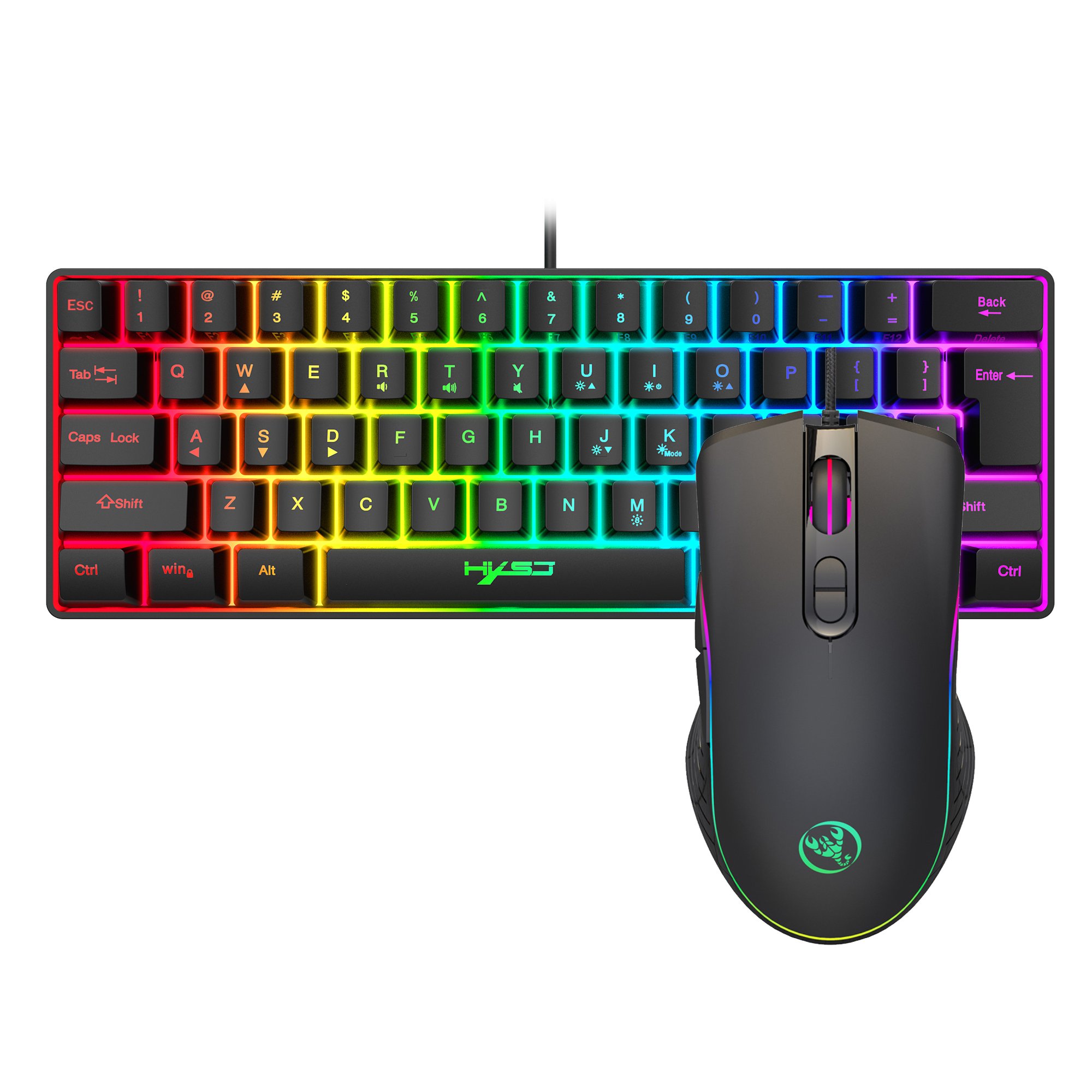 Wholesale HXSJ 61 keys mechanical feel keyboard and mouse combos wired USB mouse RGB backlit gaming set for computer game