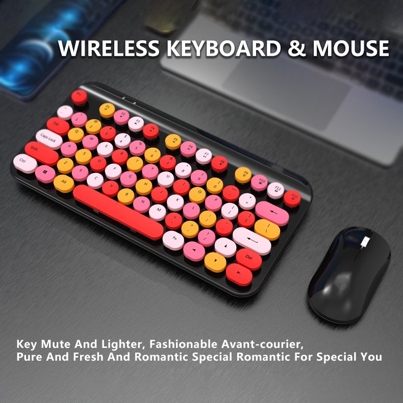 Retro Punk Round Kecap Wireless Keyboard And Mouse Combos Slient Chocolate Thin Keyboard Set