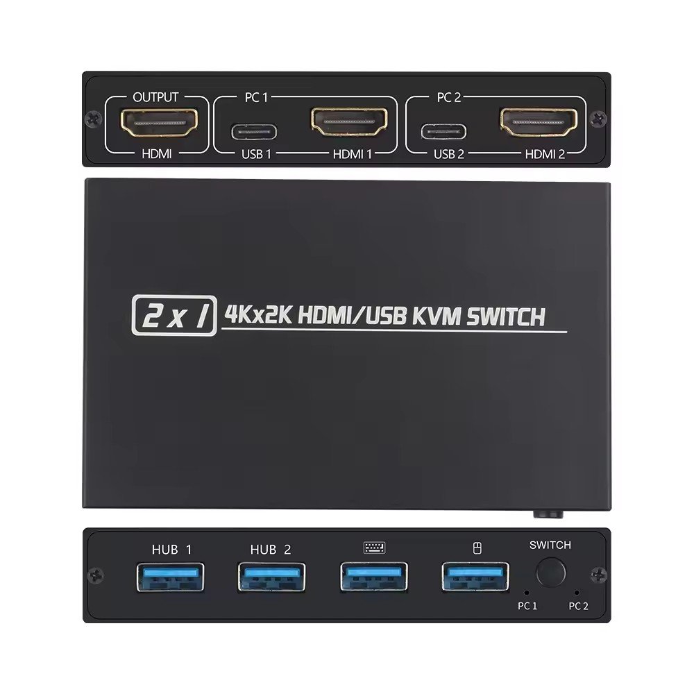 Justlink 4K HDMI KVM Switch 2x1 2 in 1 out HDMI Switcher with USB Hub Splitter Box for Sharing Printer Keyboard Mouse