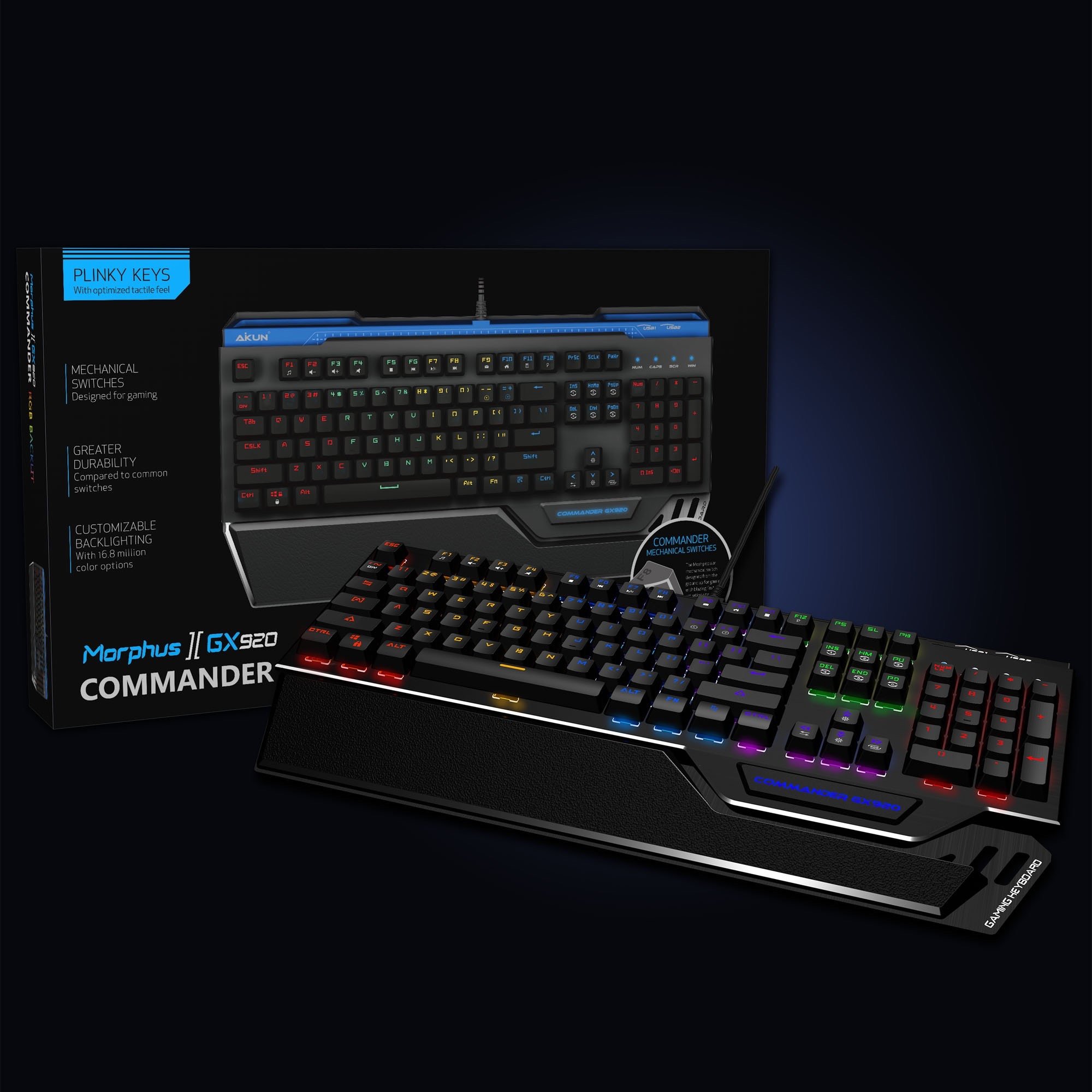 GX920 RGB mechanical gaming keyboard,waterproof,two USB ports,blue switches,Customize Color Backlit