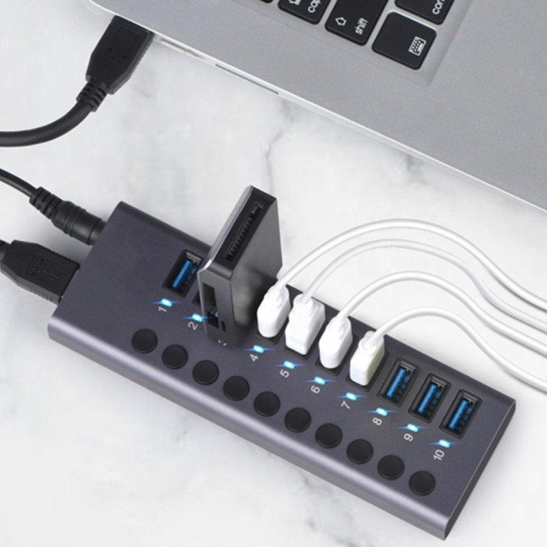 Powered USB 3.0 Hub 10 Ports USB Data Hub Splitter with Individual ON/Off Switches USB Extension for Mouse, Keyboard, Hard Drive