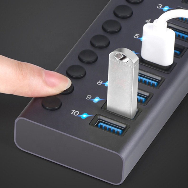Powered USB 3.0 Hub 10 Ports USB Data Hub Splitter with Individual ON/Off Switches USB Extension for Mouse, Keyboard, Hard Drive