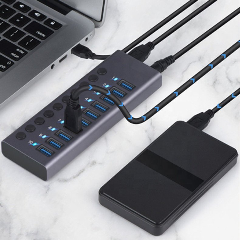 Powered USB 3.0 Hub 10 Ports USB Data Hub Splitter with Individual ON/Off Switches USB Extension for Mouse, Keyboard, Hard Drive