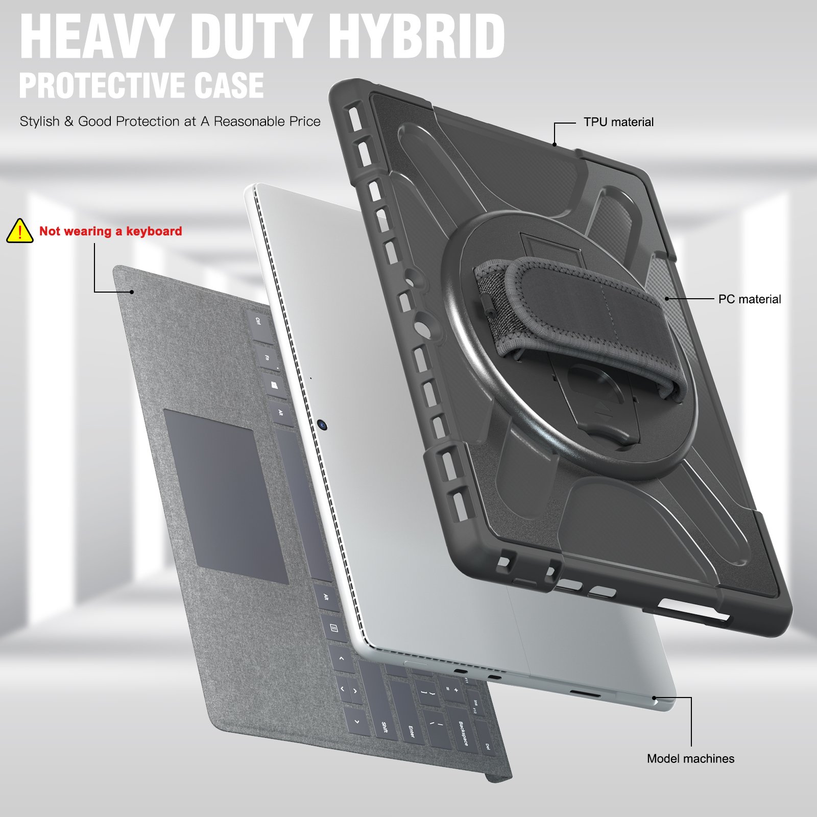 Rugged Case for Microsoft-Surface-Pro-8 13'' 2021 Cover with Rotatable Kickstand, Hand Strap Compatible with Type Cover Keyboard
