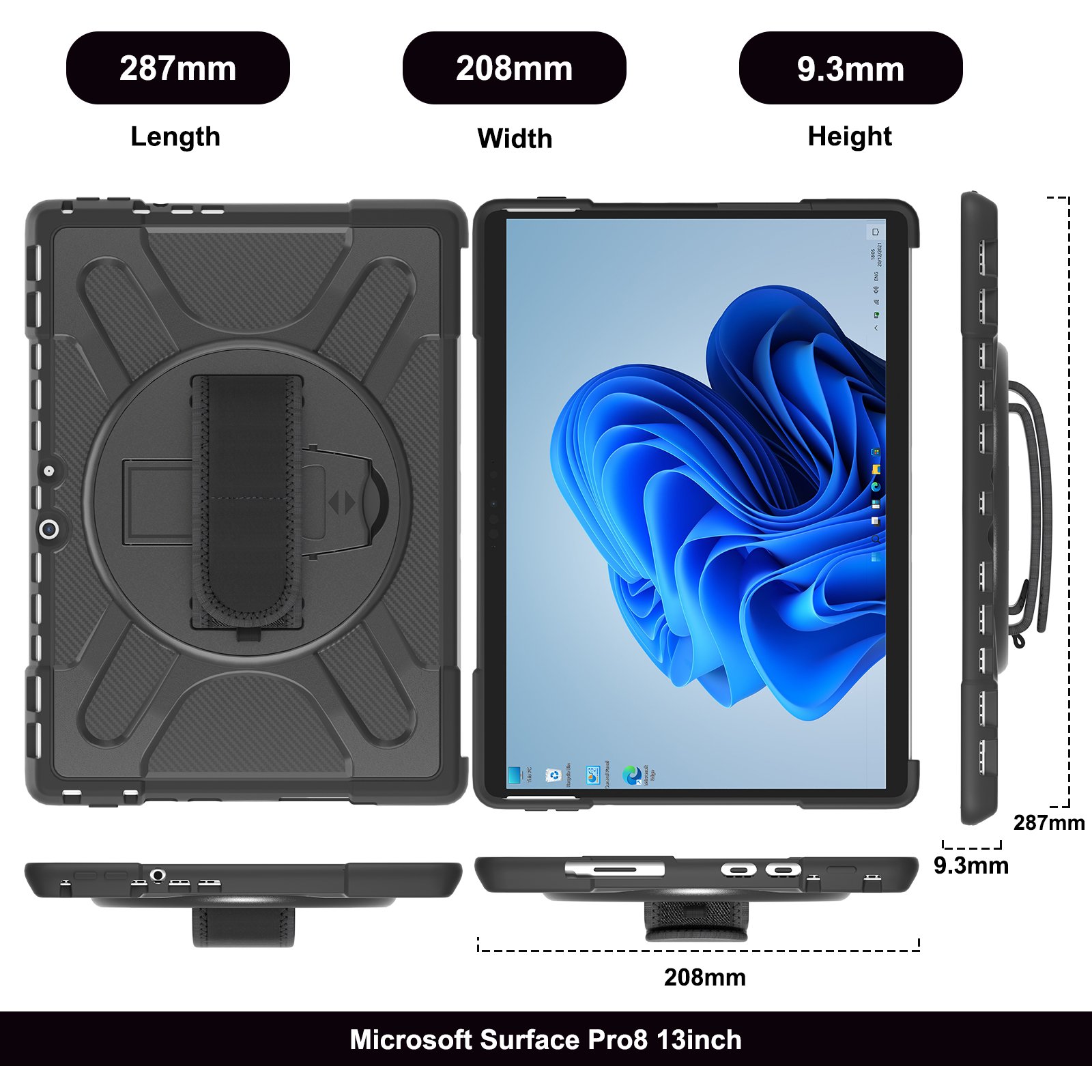 Rugged Case for Microsoft-Surface-Pro-8 13'' 2021 Cover with Rotatable Kickstand, Hand Strap Compatible with Type Cover Keyboard