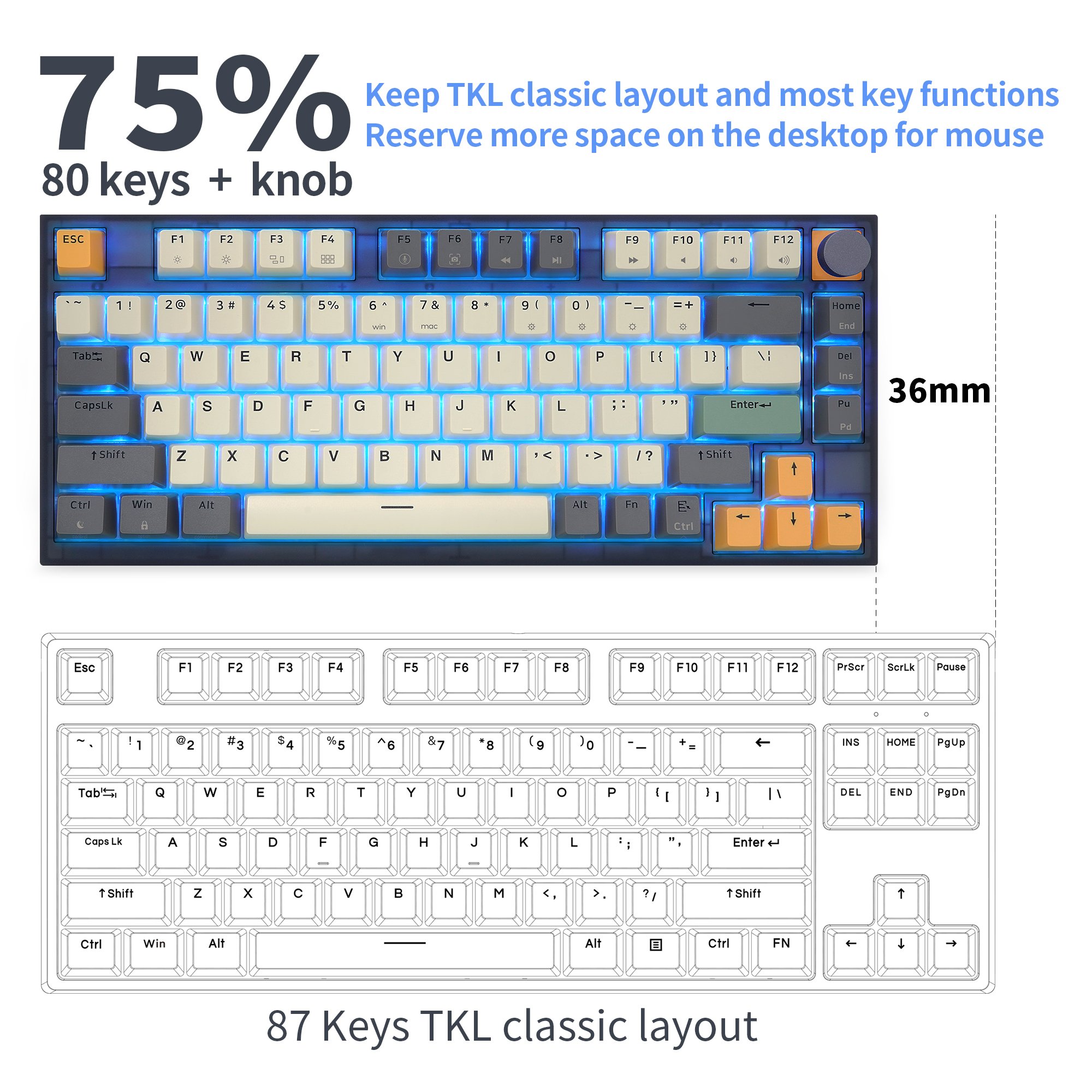 factory OEM ODM 75 keys half transparent case metal knob switch gaming mechanical keyboard optical switch sk75