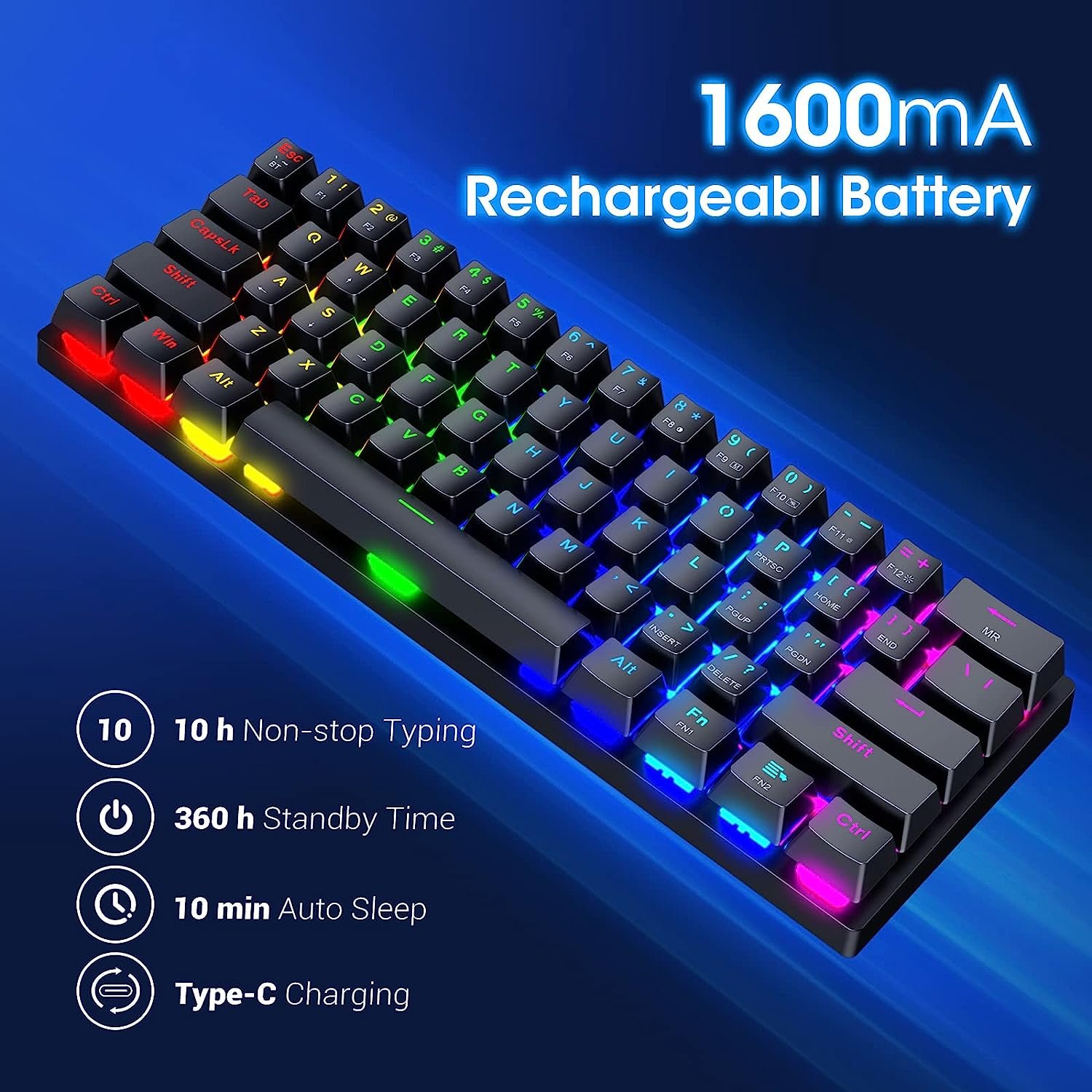 60% 2.4G Type-C Multi-Device Bluetooth Keyboard RGB Backlit Blue Switch 61 Keys Rechargeable gaming Mechanical Keyboard