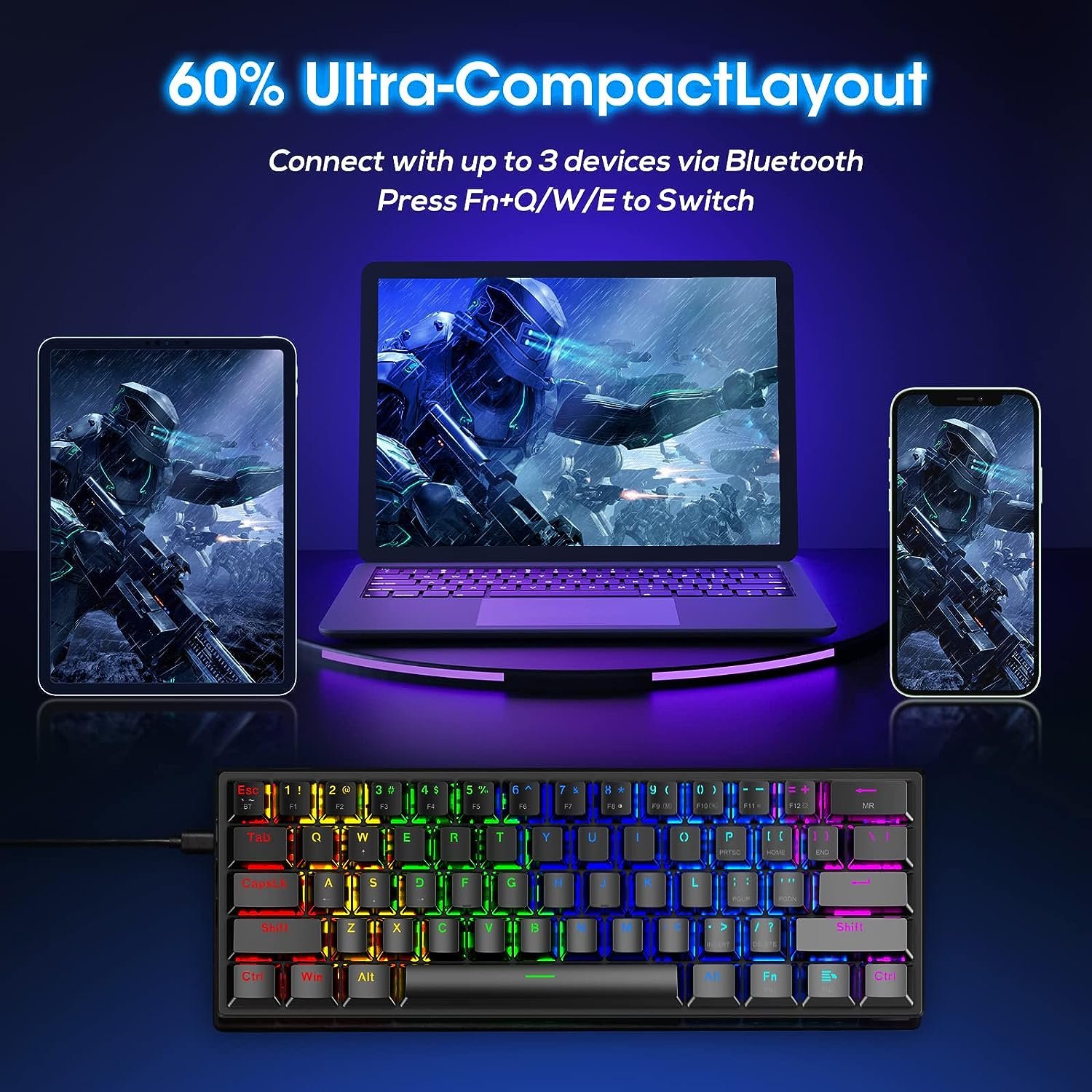 60% 2.4G Type-C Multi-Device Bluetooth Keyboard RGB Backlit Blue Switch 61 Keys Rechargeable gaming Mechanical Keyboard