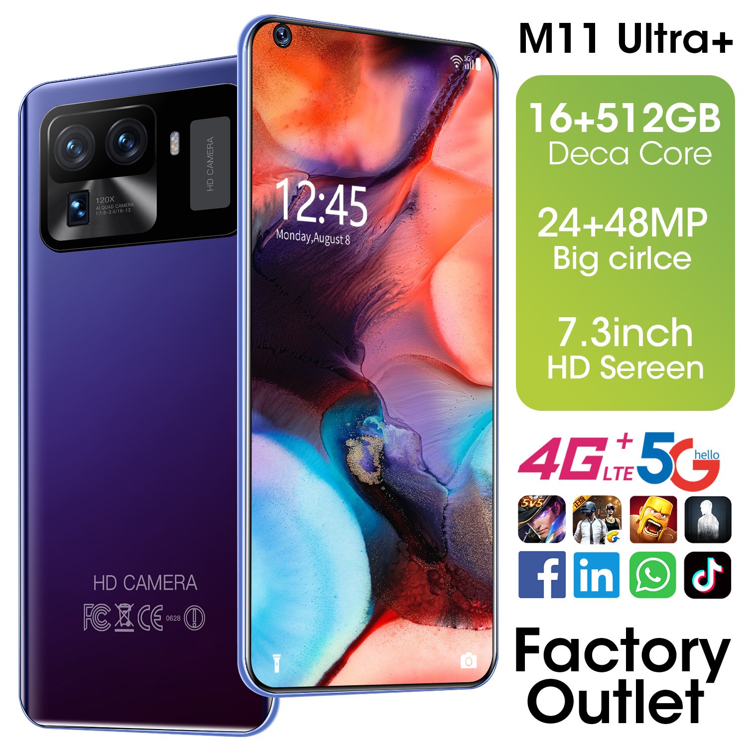 Cross-border mobile phone M11 Ultra+Android (16+512) smart phone 7.3 inch large screen HD mobile phone