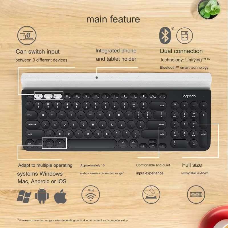 Logitech K780 Wireless Compatible Keyboard Dual-mode Switch Activer Multi Device Keyboard for PC Computer Phone Tablet