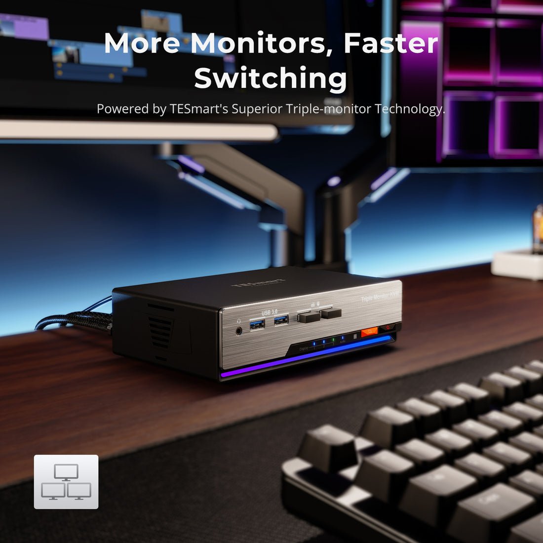 TESmart Triple 4K60Hz HDMI KVM Switch Gaming Dock for 2 PCs & 3 Monitors w/ EDID Support 2 Display Modes 2x3 KVM Switches
