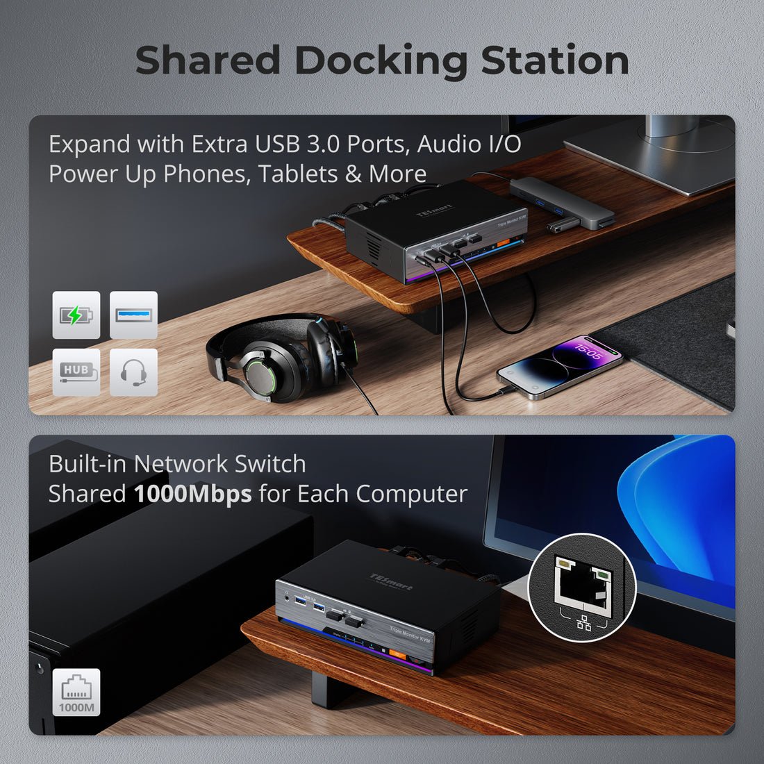 TESmart Triple 4K60Hz HDMI KVM Switch Gaming Dock for 2 PCs & 3 Monitors w/ EDID Support 2 Display Modes 2x3 KVM Switches