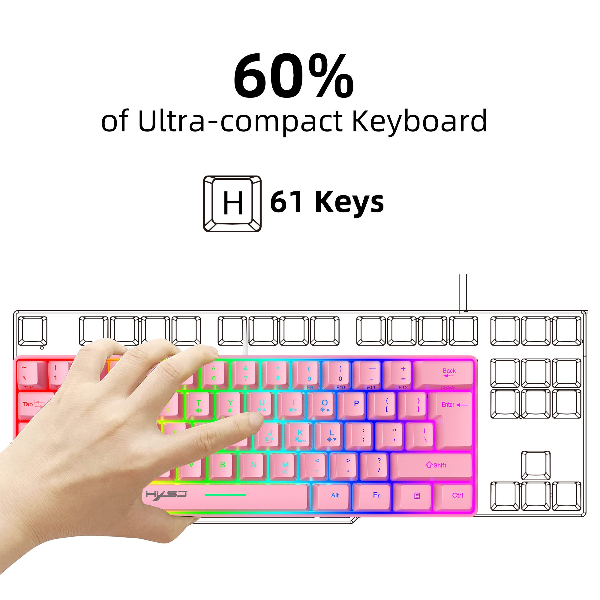 Highly Recommended HXSJ V700 60 percent Mini Mechanical feel compact Ergonomic Durable USB Cable White Gaming Keyboard for pc