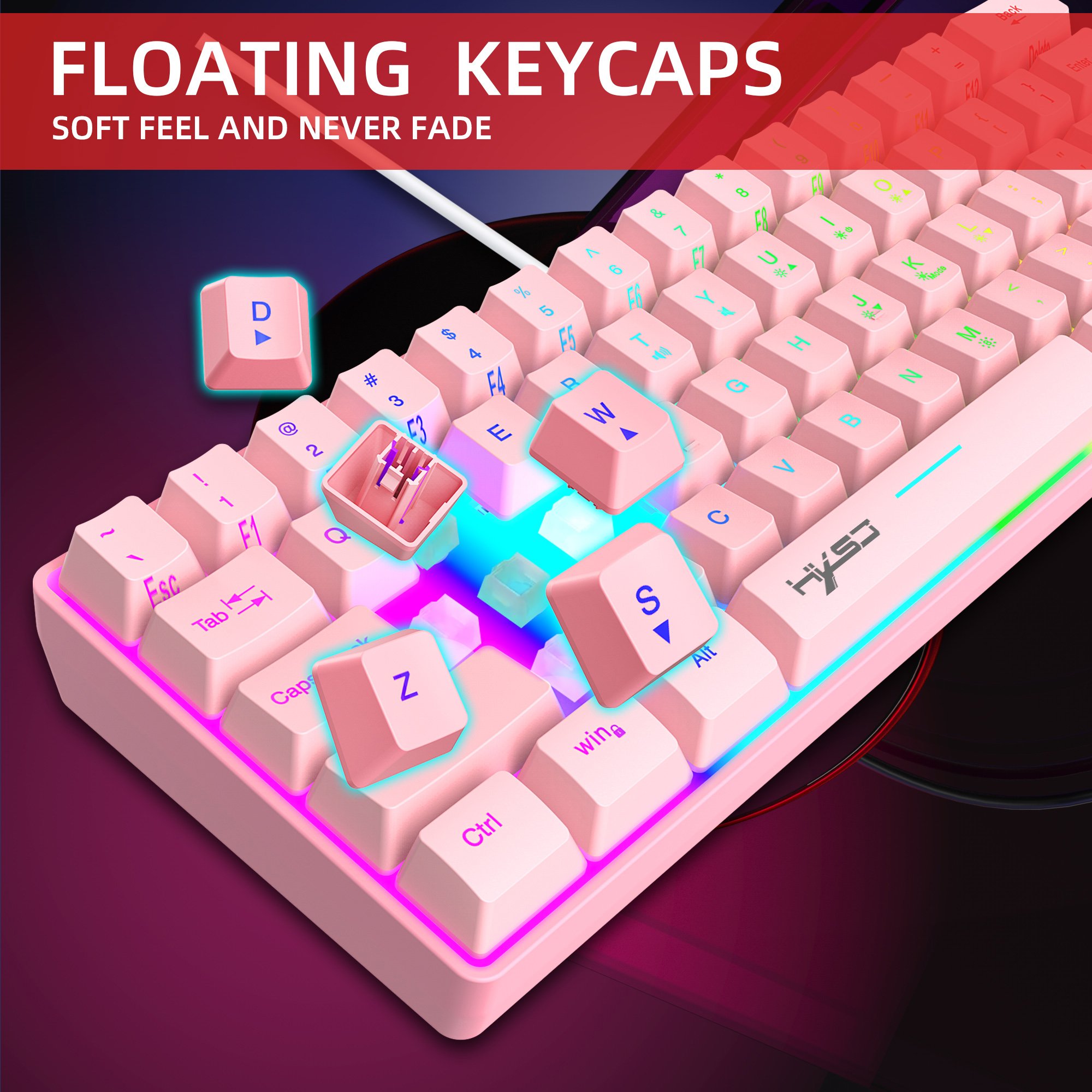 Highly Recommended HXSJ V700 60 percent Mini Mechanical feel compact Ergonomic Durable USB Cable White Gaming Keyboard for pc