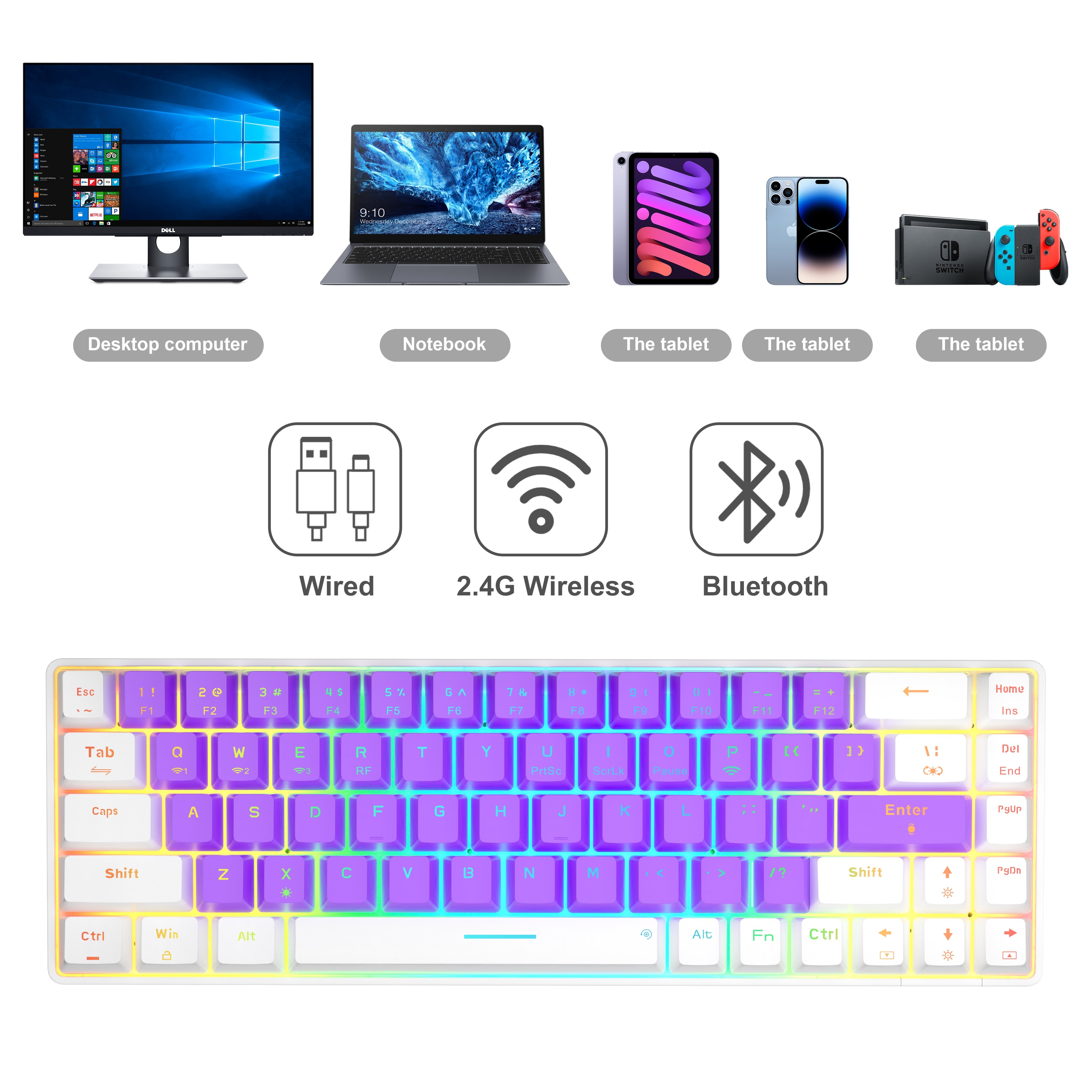 Star 68-Key Wireless / Wired Mechanical Gaming Keyboard Hot-swappable switch compatible with 3pin switch RGB lighting