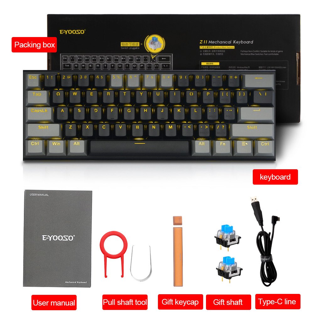 E-YOOSO Z11 Z-11 USB 60% Mini Blue Red Switches 61 Keys Wired Mechanical Gaming Keyboard