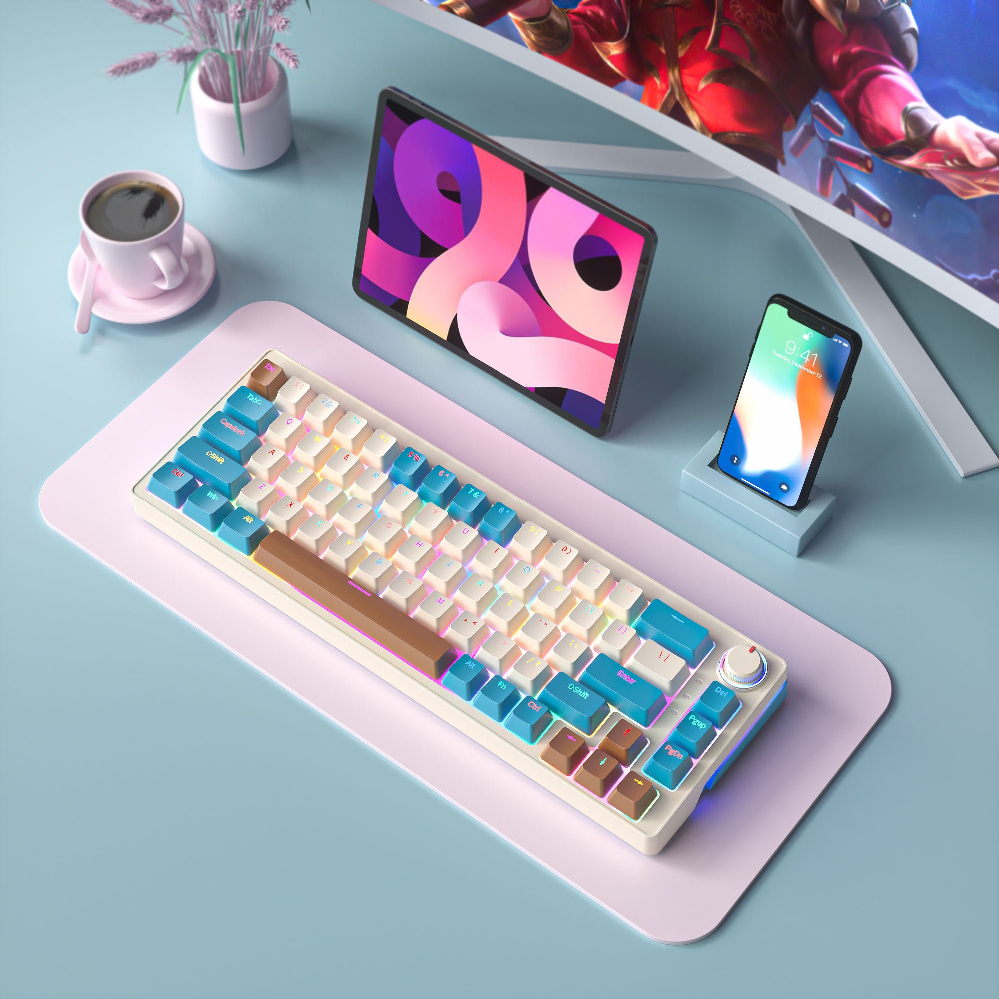 ZA68 Keyboard 60% Teclado 68 Key Ergonomic Keyboard With Knob Hot Swap Anti-Ghosting Custom Mini Rgb Backlit Mechanical Keyboard