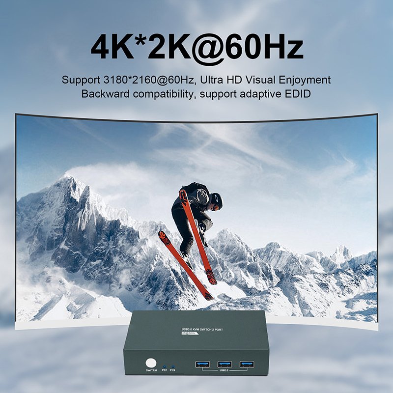 4K HDMI KVM switch 2 in 1 out 4K 60Hz HDMI USB KVM Switcher 2 Monitor Mouse Keyboard DP port switch
