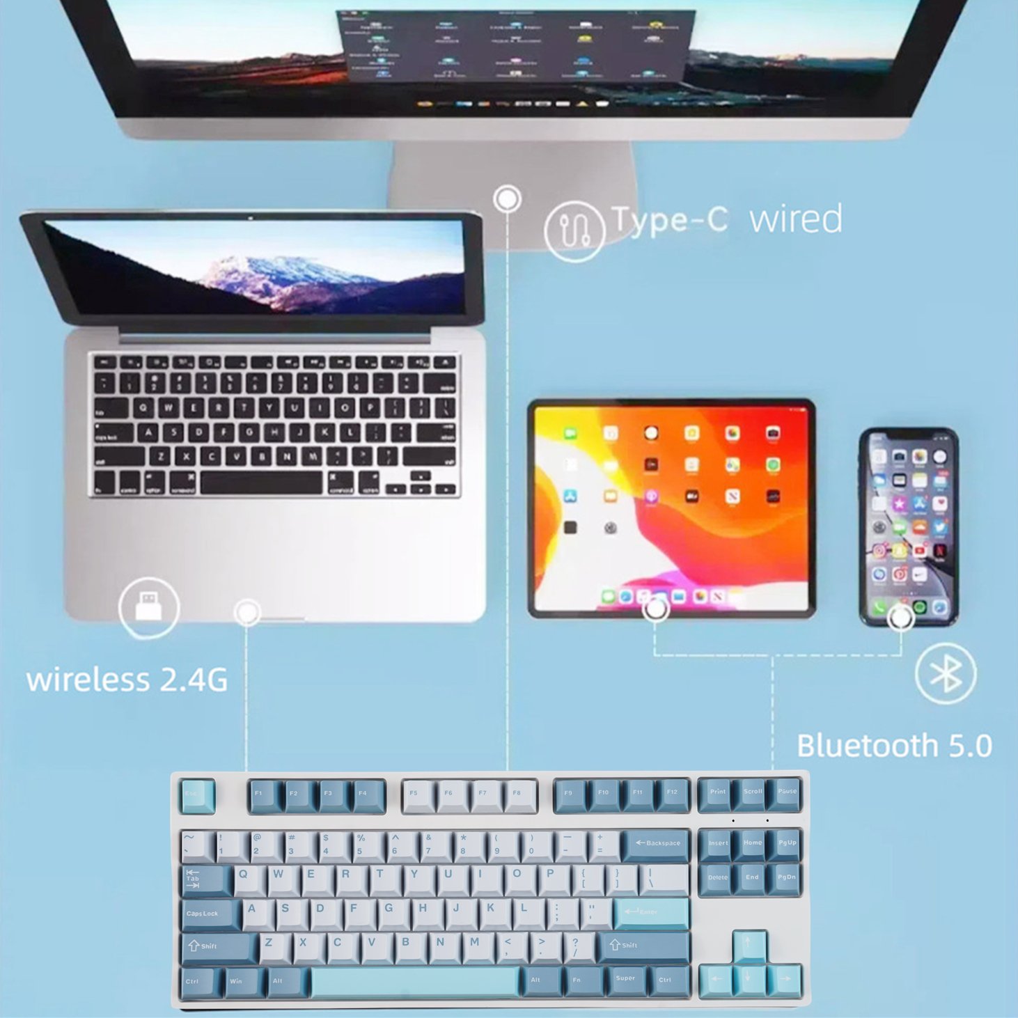 KC87 TKL Mechanical Gaming Keyboard Linear Silver Switch Programmable 87 Keys Compact Wireless Computer Keyboard for Windows Mac