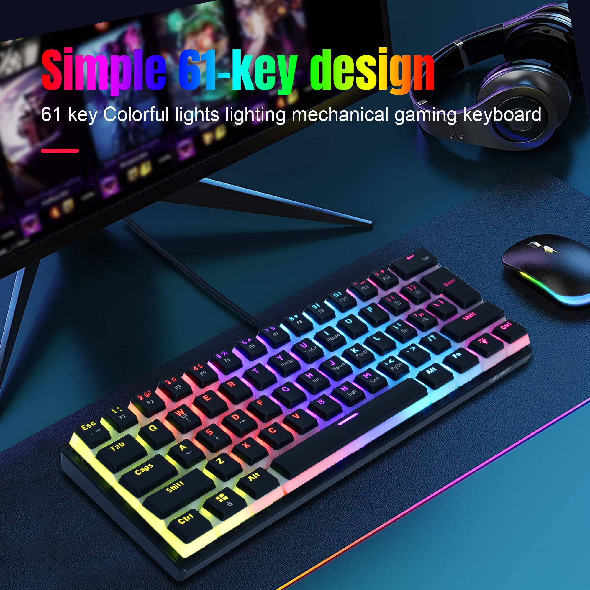 New Arrival HXSJ L700 61-Key Wired Gaming Keyboard RGB Backlit with Pudding Keycaps USB Interface for Laptop Console Games