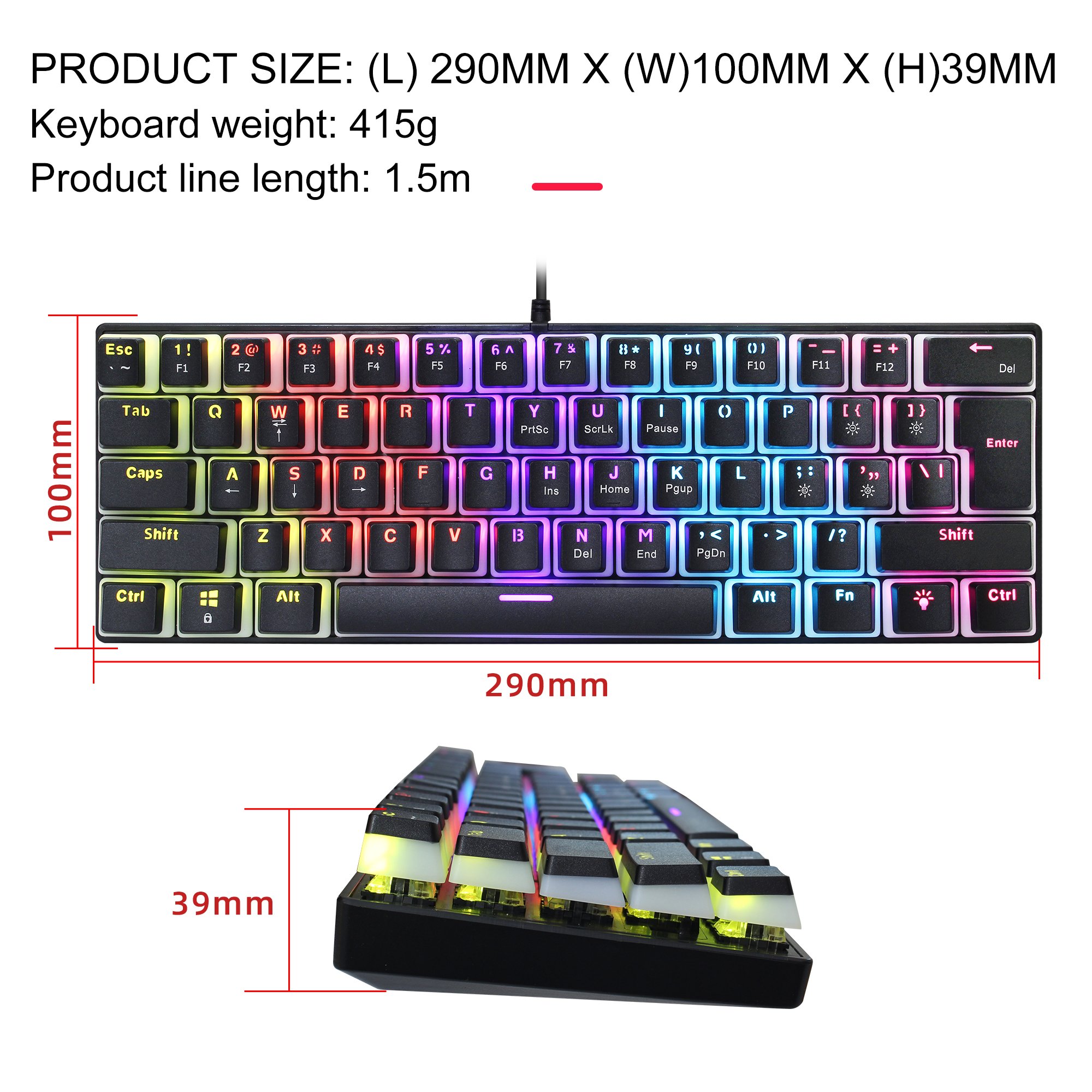 New Arrival HXSJ L700 61-Key Wired Gaming Keyboard RGB Backlit with Pudding Keycaps USB Interface for Laptop Console Games