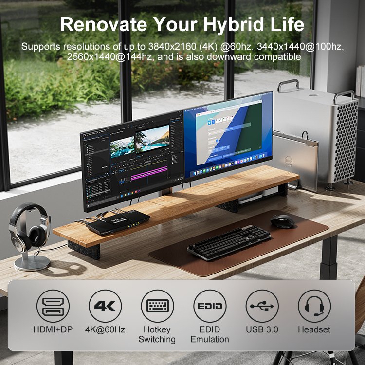TESmart 2x2 HDMI+DP Dual Monitor KVM Switch Support 2 Display Modes 4K60HZ EDID Emulators 2 Port Video Switcher