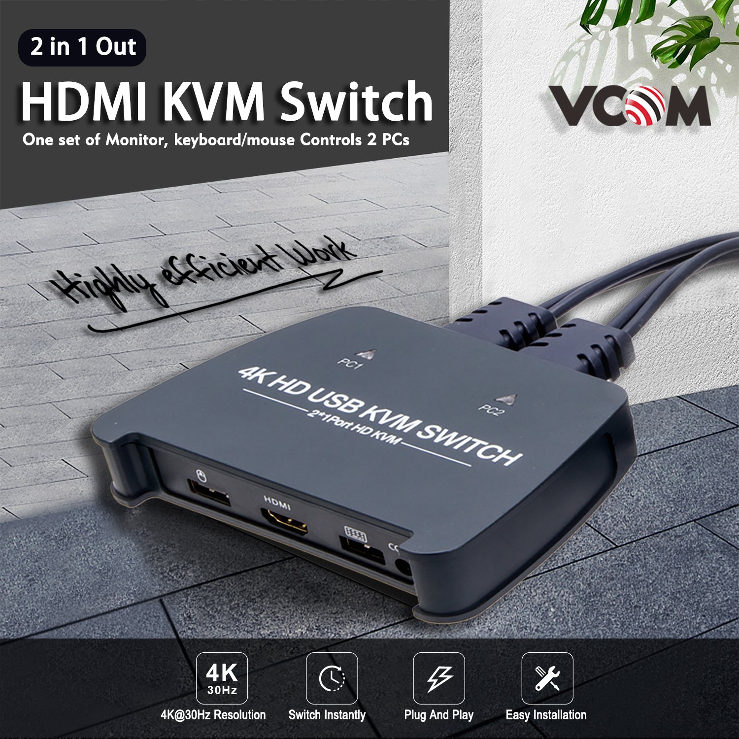 VCOM Built-in Cable Computer 4K Monitor Keyboard Mouse Switcher USB HDMI KVM Switch with Button