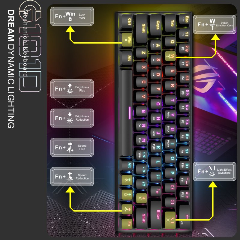 Bajeal Top sell G101D blue switch 63 keys 60% RGB wired 60 Percent gaming mechanical keyboard