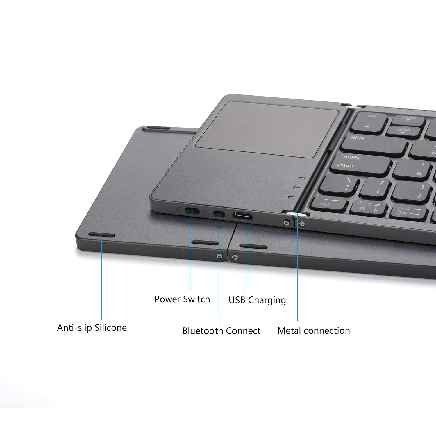 Keywin Manufactured 3-fold Rechargeable 78-key BT keyboard Mini 3-Fold Portable Keyboard with Mouse Touch Pad for PC pad phone