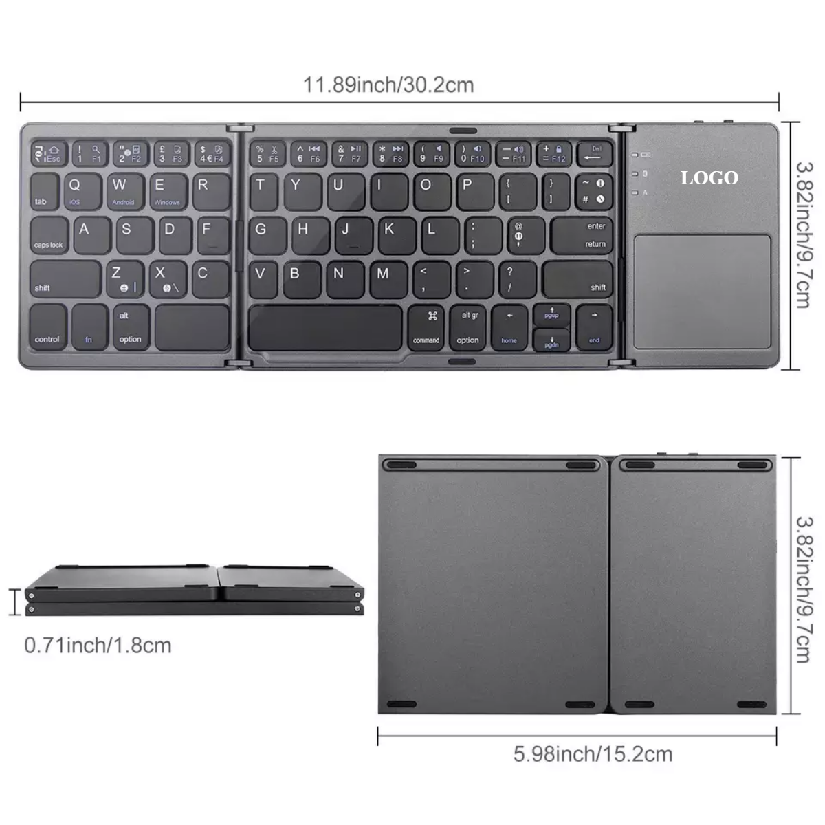 Keywin Manufactured 3-fold Rechargeable 78-key BT keyboard Mini 3-Fold Portable Keyboard with Mouse Touch Pad for PC pad phone
