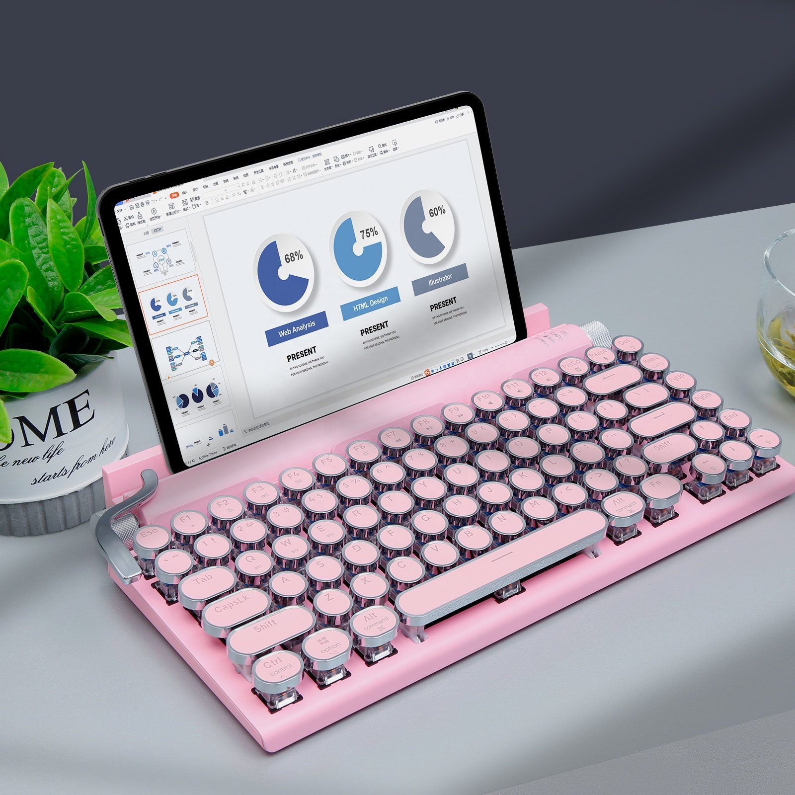 Factory Outlet Retro Mechanical Style 83Keys Blue Switch 3 Devices RGB Colorful Backlit Wireless Typewriter Keyboard for Tablets