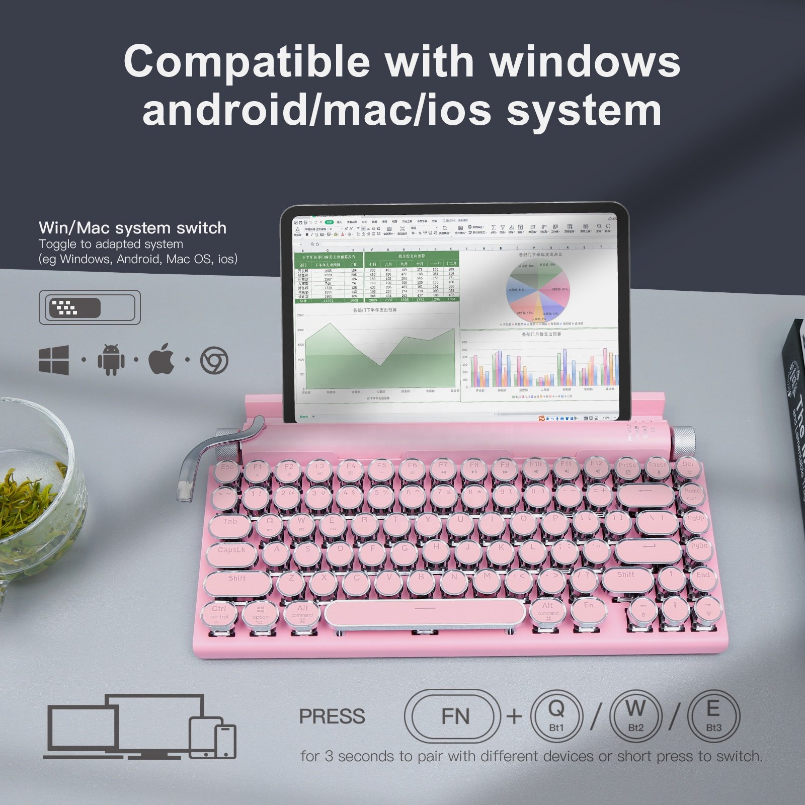 Factory Outlet Retro Mechanical Style 83Keys Blue Switch 3 Devices RGB Colorful Backlit Wireless Typewriter Keyboard for Tablets