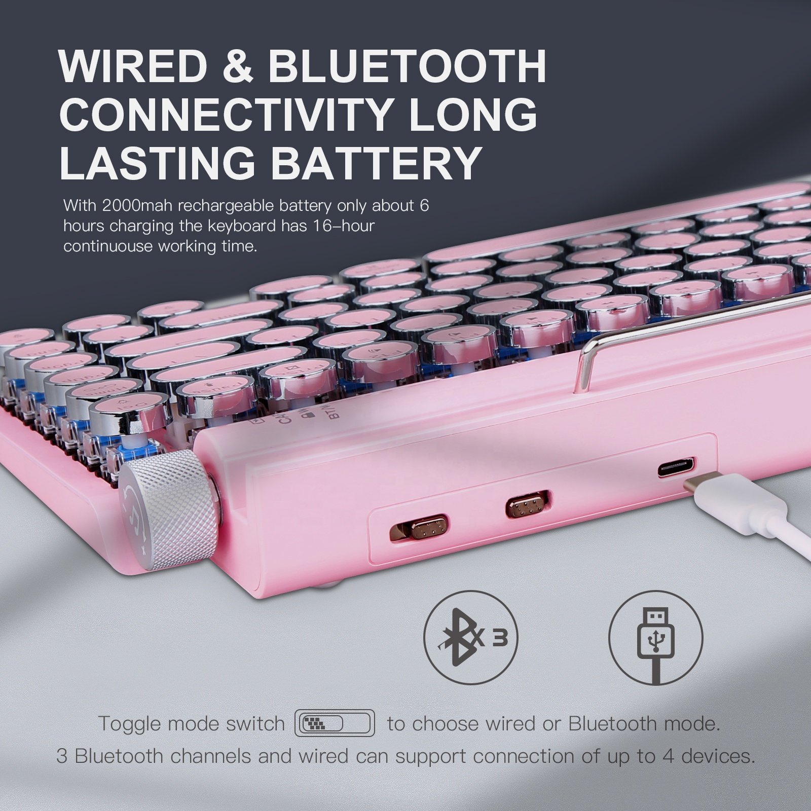 Factory Outlet Retro Mechanical Style 83Keys Blue Switch 3 Devices RGB Colorful Backlit Wireless Typewriter Keyboard for Tablets