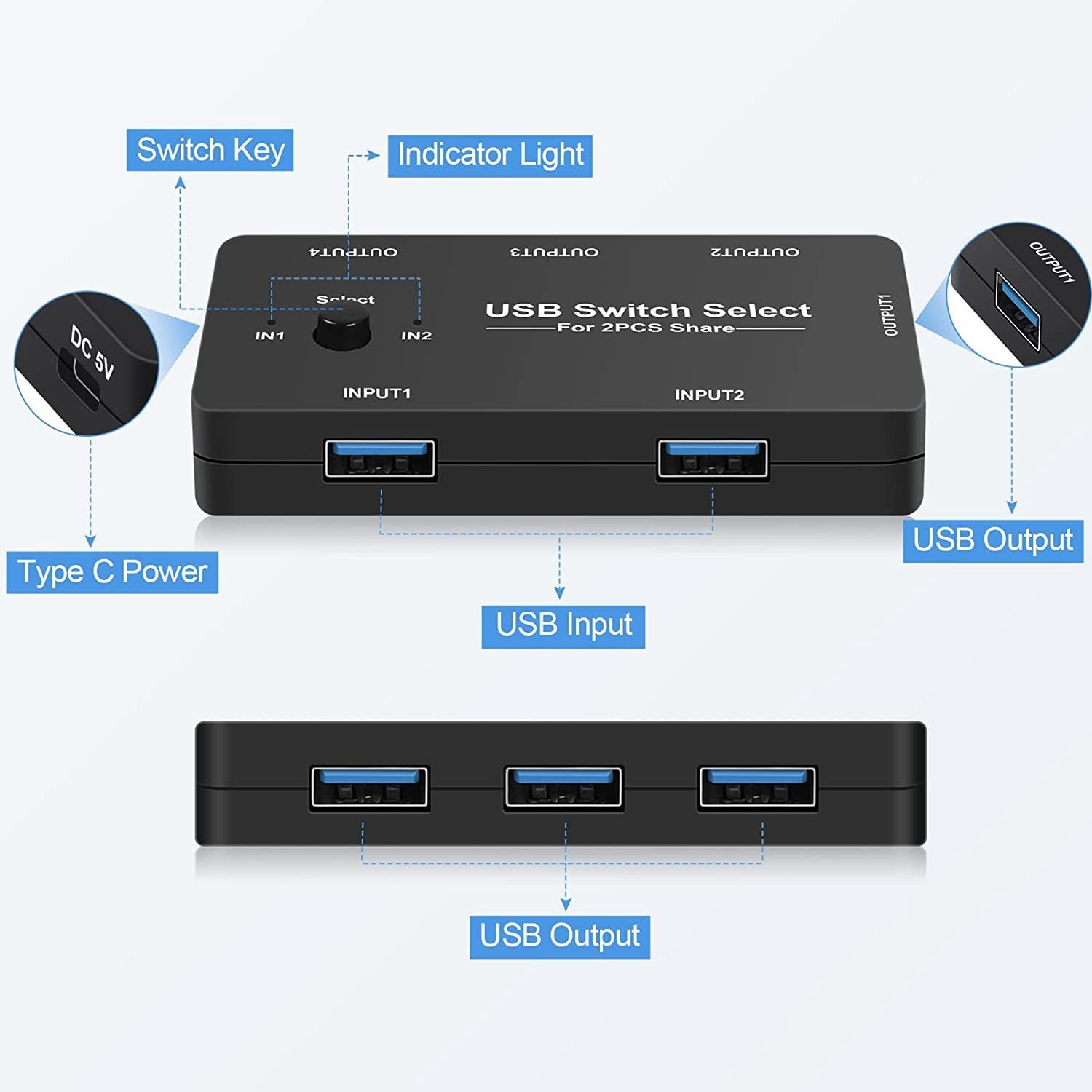 2 in 4 out USB KVM Switch Selector Adapter USB2.0 Peripheral Switcher Box Hub for Computers Mouse Keyboard Scanner Printer