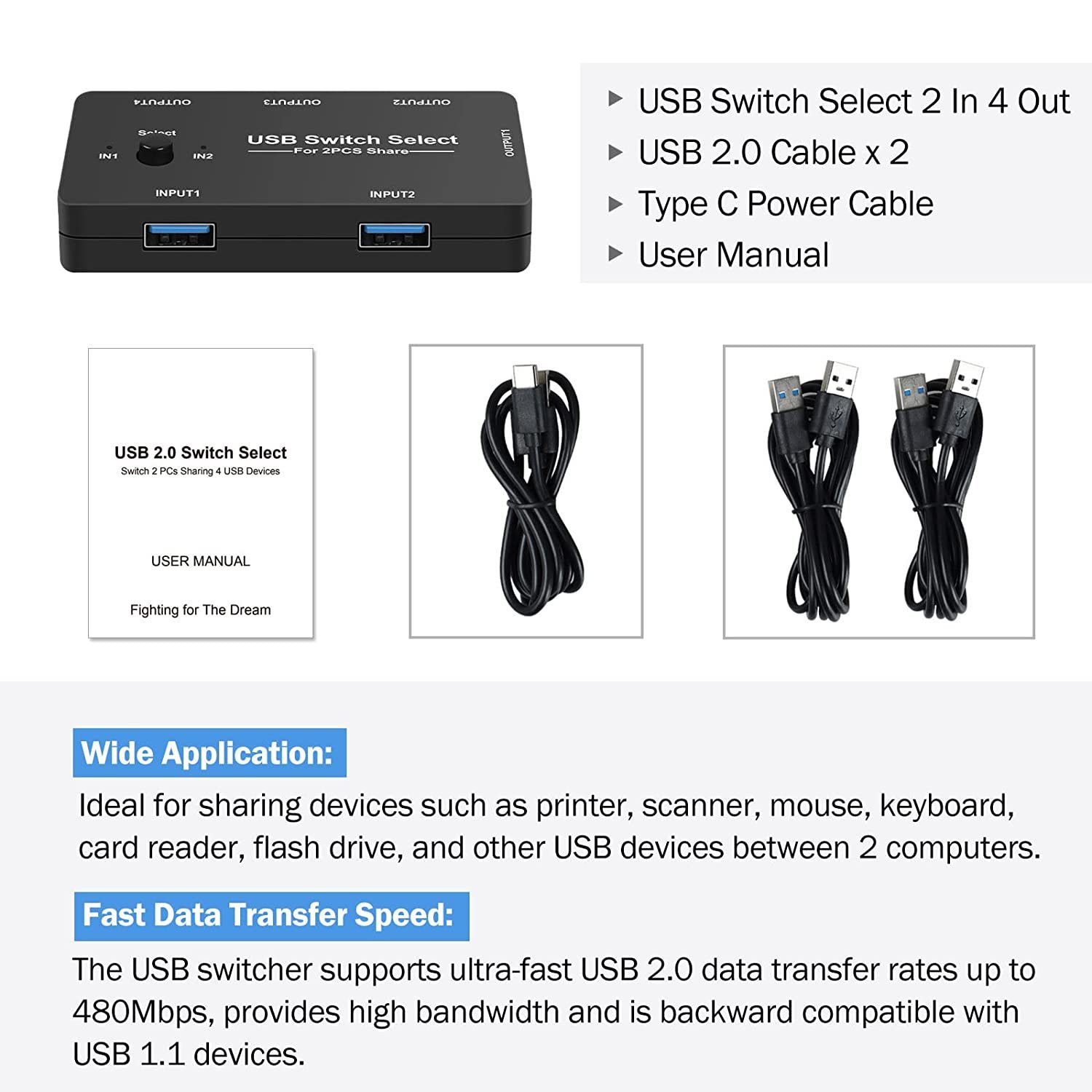 2 in 4 out USB KVM Switch Selector Adapter USB2.0 Peripheral Switcher Box Hub for Computers Mouse Keyboard Scanner Printer