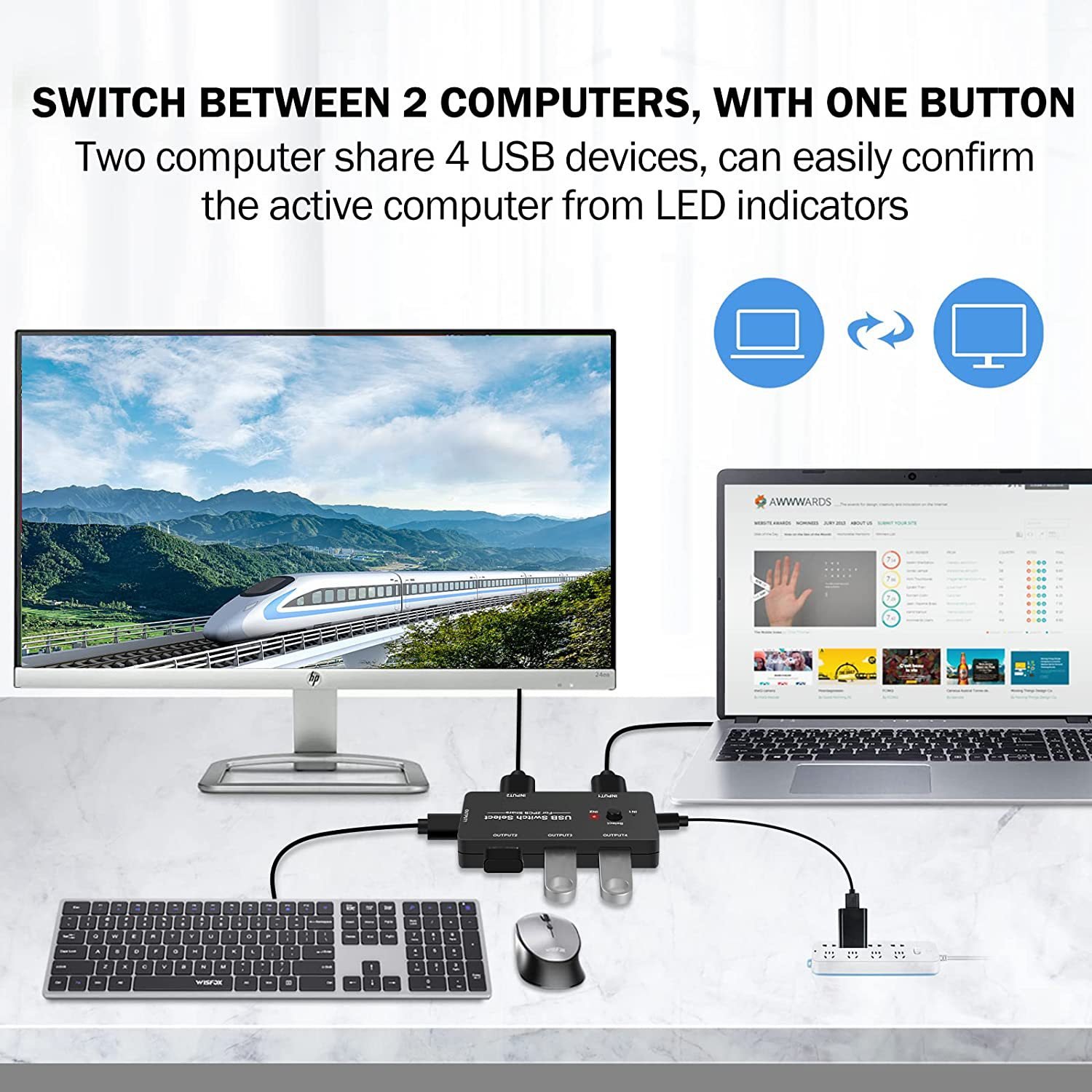 2 in 4 out USB KVM Switch Selector Adapter USB2.0 Peripheral Switcher Box Hub for Computers Mouse Keyboard Scanner Printer
