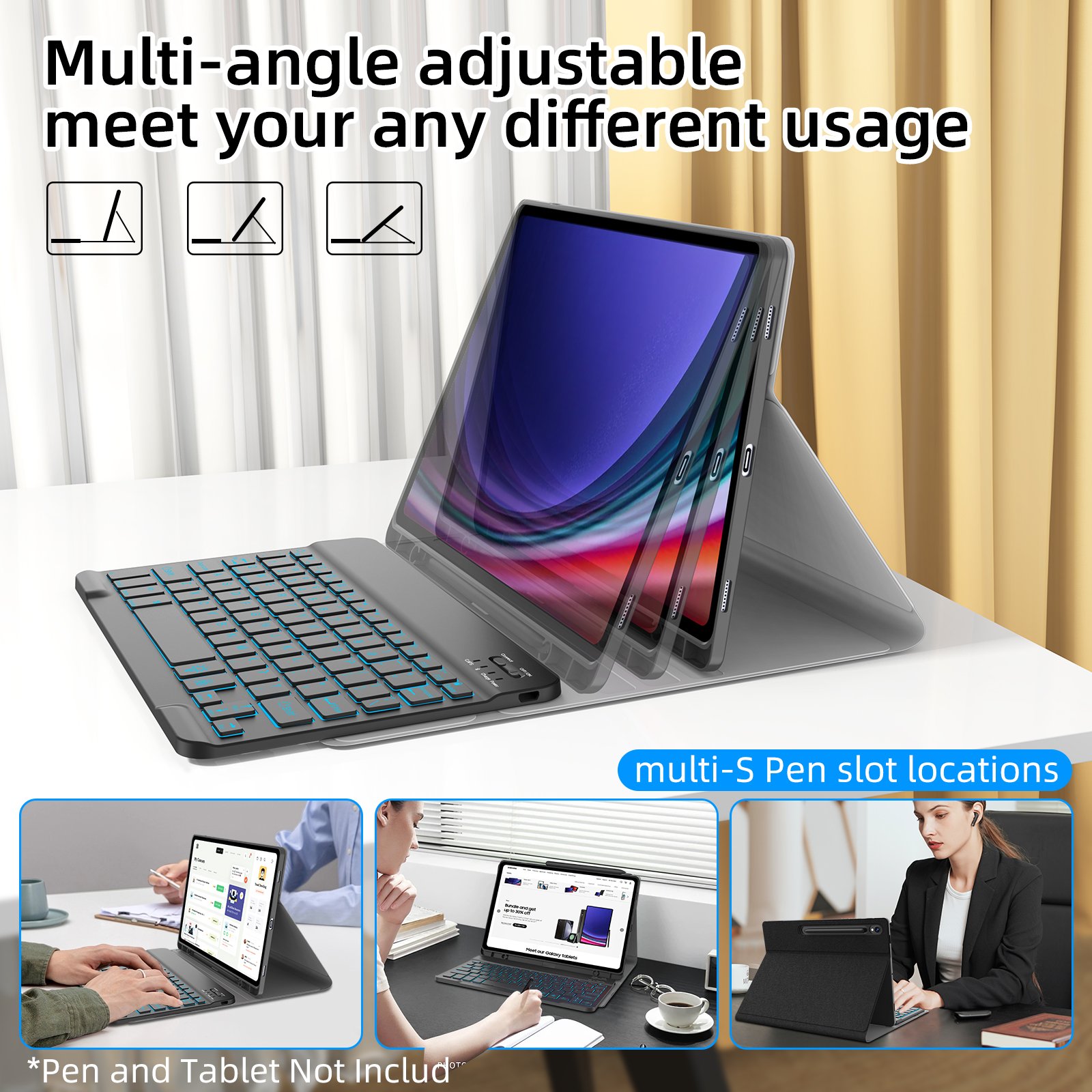 Multi-angel Magnetic Stand Cover Detachable Wireless Keyboard Case with Pencil Holder for Samsung Galaxy Tab S9/ FE 11 inch