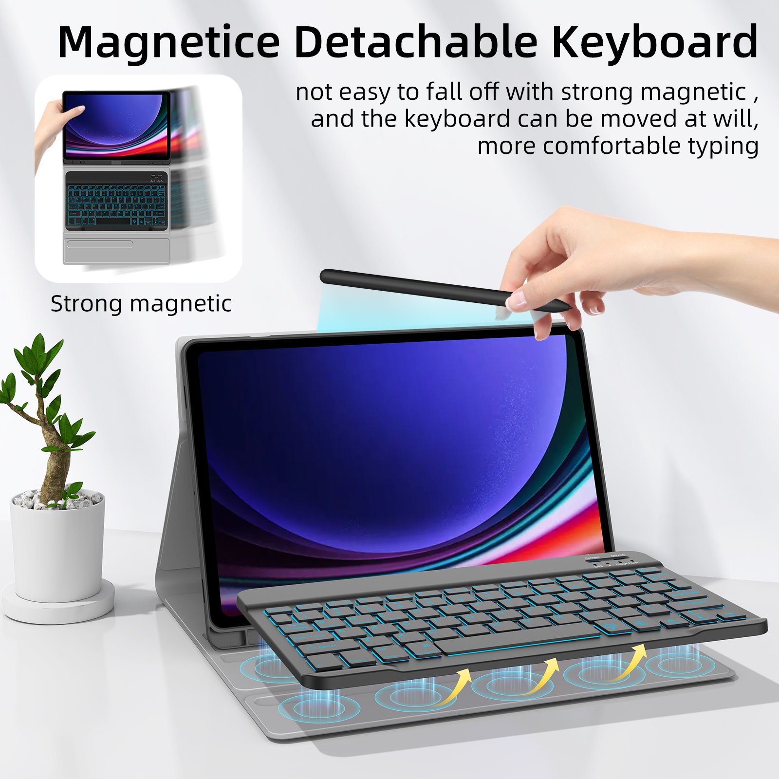 Multi-angel Magnetic Stand Cover Detachable Wireless Keyboard Case with Pencil Holder for Samsung Galaxy Tab S9/ FE 11 inch