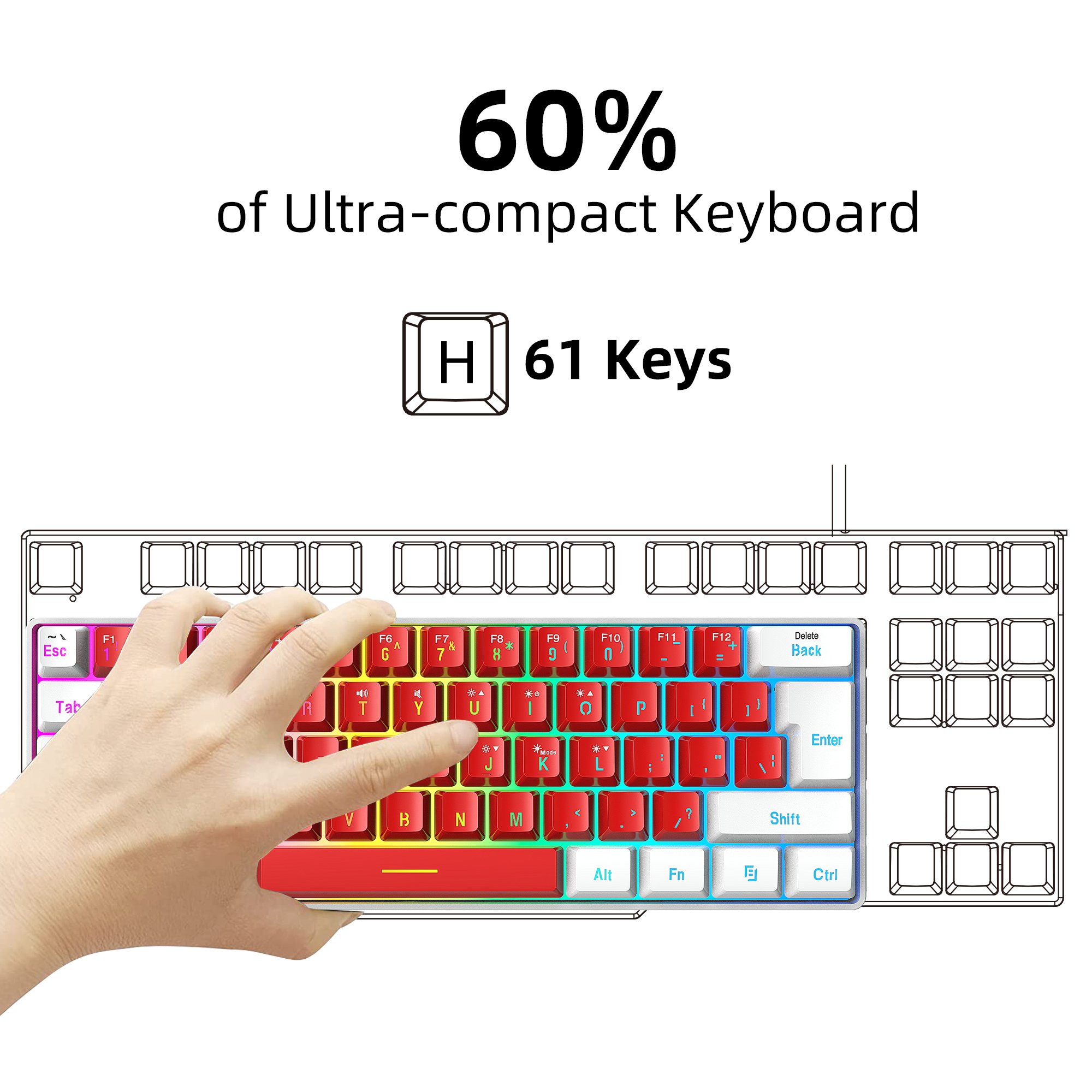 Hot selling HXSJ V700 61 key membrane keyboard ergonomic ABS RGB fashion wired gaming mechanical touch keyboard