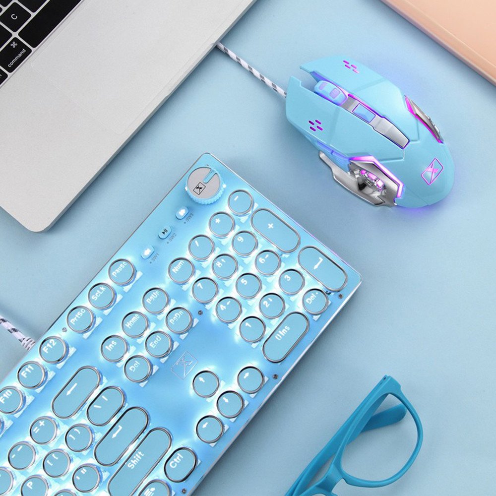 Mechanical Gaming Keyboard and Mouse Combo Retro Steampunk Typewriter Style with LED Backlit 104-Key Blue Switch Keyboard