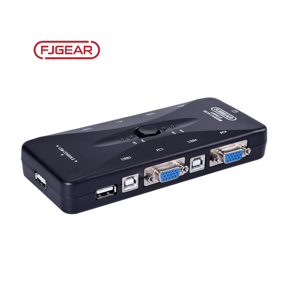FJ-4UK Fjgear 4-Port USB2.0 VGA KVM Switch 4-Hosts Share a Monitor Set with Keyboard Mouse Plastic Shell Audio Video Accessories