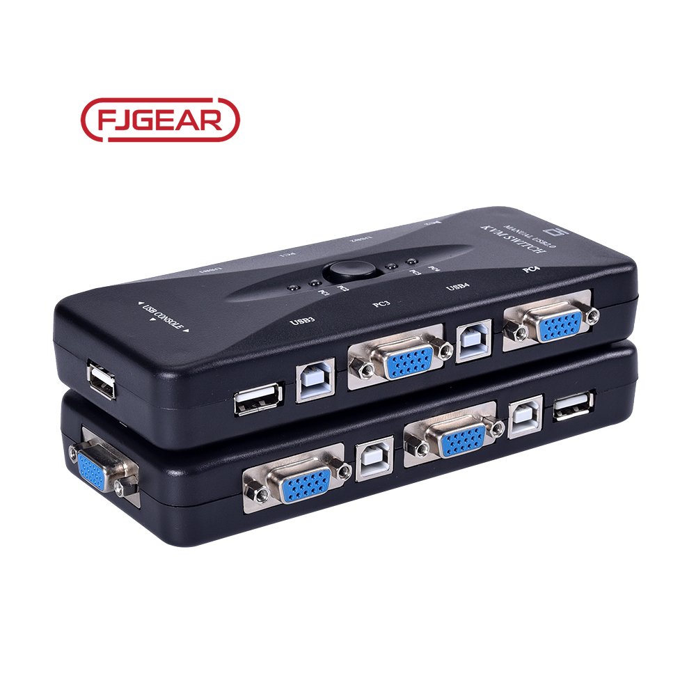 FJ-4UK Fjgear 4-Port USB2.0 VGA KVM Switch 4-Hosts Share a Monitor Set with Keyboard Mouse Plastic Shell Audio Video Accessories