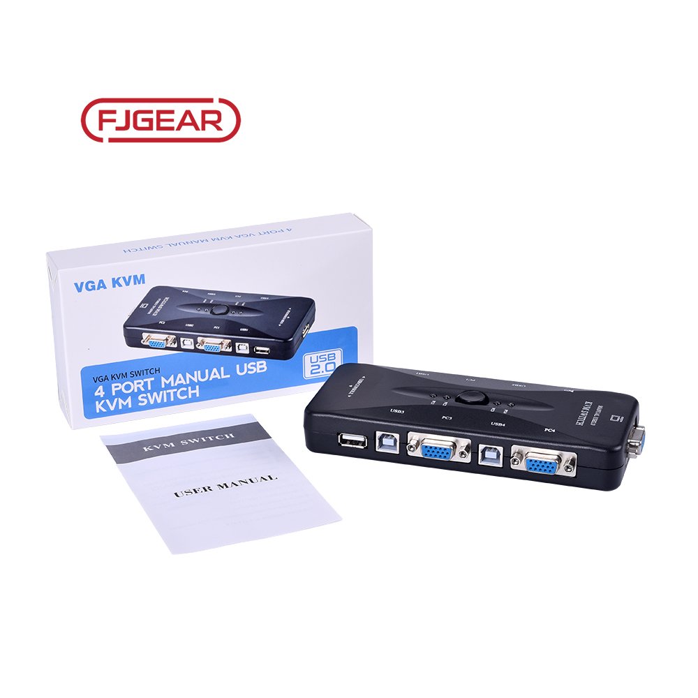 FJ-4UK Fjgear 4-Port USB2.0 VGA KVM Switch 4-Hosts Share a Monitor Set with Keyboard Mouse Plastic Shell Audio Video Accessories