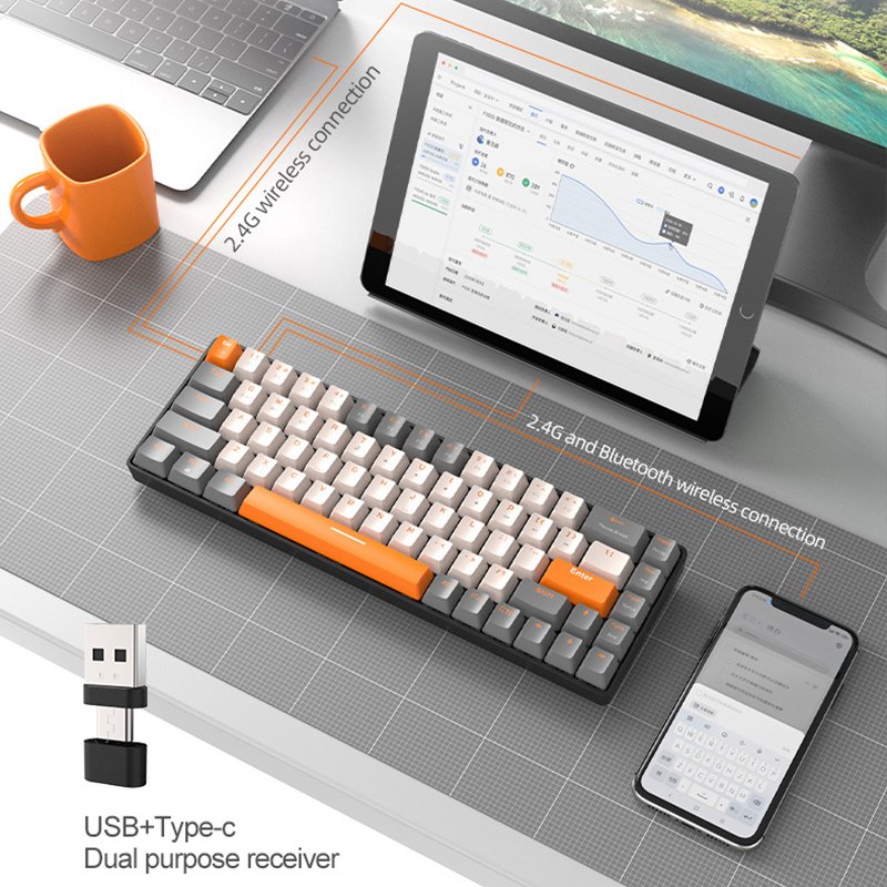Wholesale Custom Ergonomic 68 Keys Bluetooth Wireless Dual Mode RGB Hot Swappable Office Machinery Keyboard
