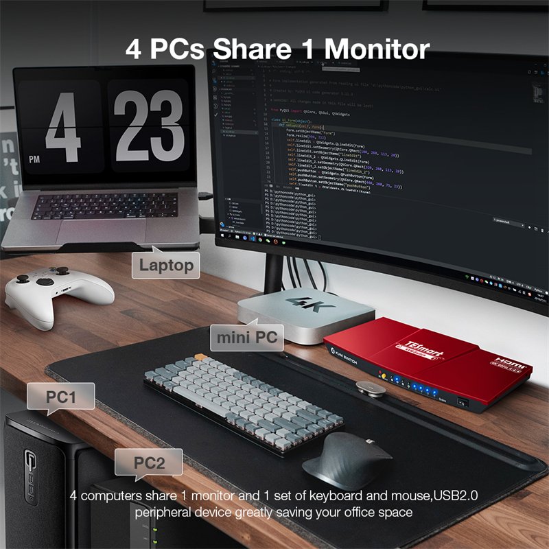 TESmart 4 Port KVM Switch Kit HDMI 4K60Hz with EDID, 4 PCs 1 Monitor Support USB 2.0 Audio Out 4x1 KVM Switches