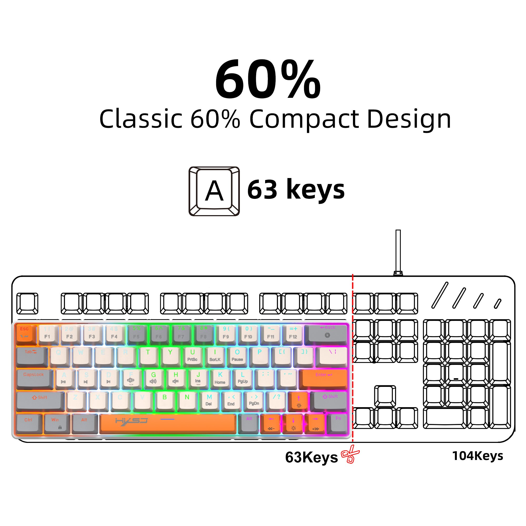 New arrival HXSJ V500 63-key game keyboard ABS RGB backlit durable Type-C interface gaming wired mechanical keyboard for laptop