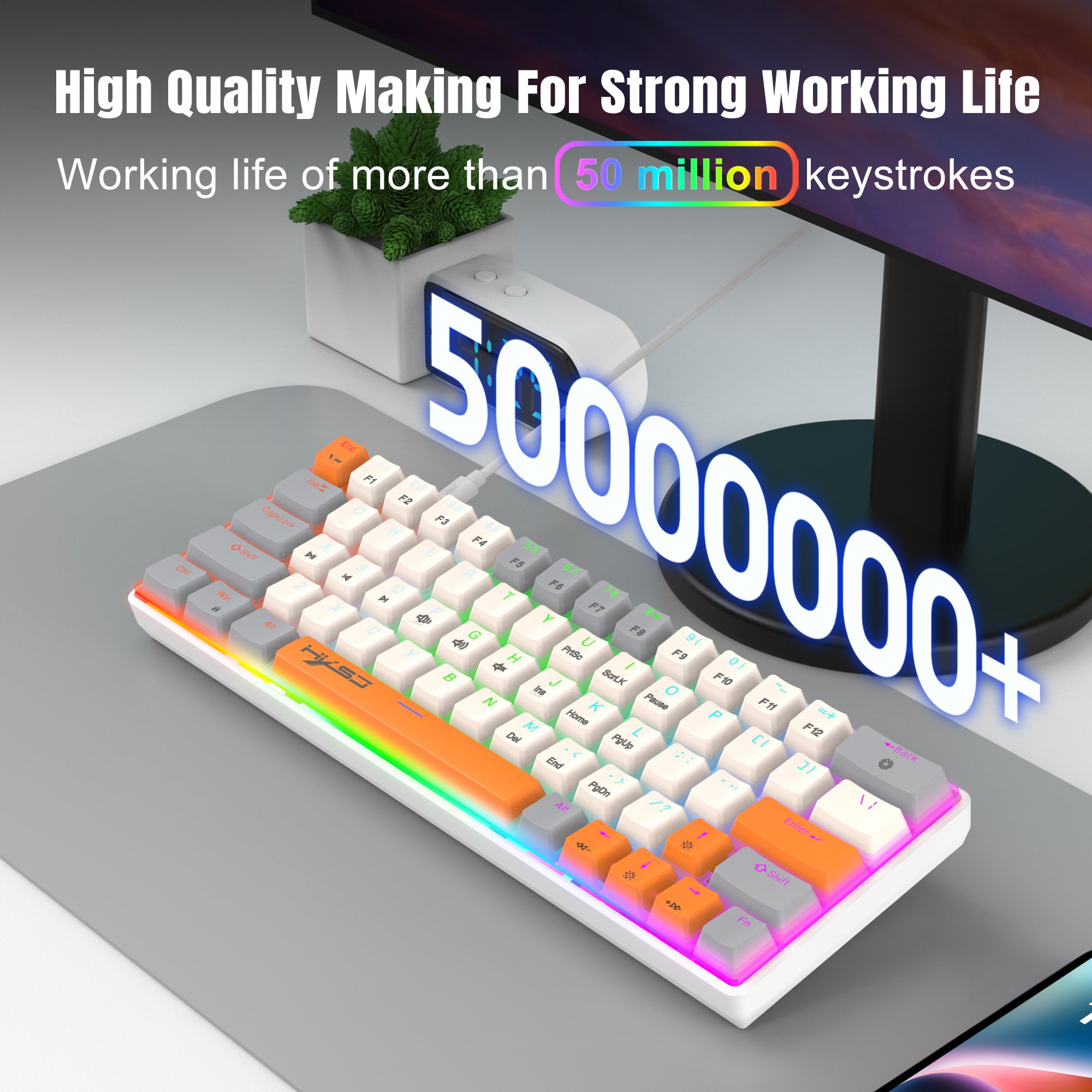 New arrival HXSJ V500 63-key game keyboard ABS RGB backlit durable Type-C interface gaming wired mechanical keyboard for laptop
