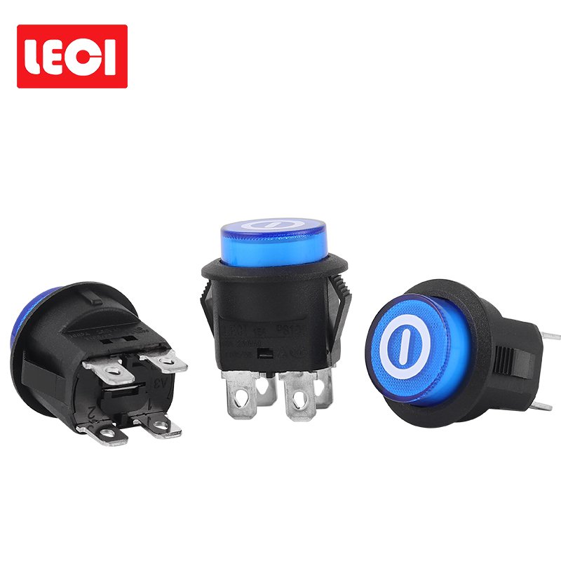 Leci Manufacturer 10A 250V 4 Pin Rocker Switch Push Button Blue Lighted Round Rocker Switch