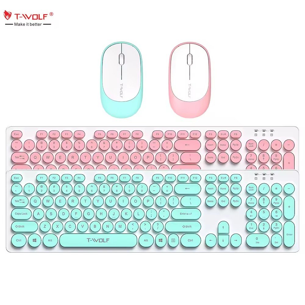 T-WOLF TF770 2.4GH wireless keyboard mouse combo,colorful ultra-thin USB 104keys keyboard mouse for computer laptop and