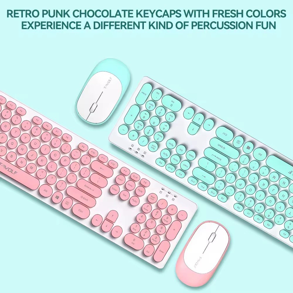 T-WOLF TF770 2.4GH wireless keyboard mouse combo,colorful ultra-thin USB 104keys keyboard mouse for computer laptop and
